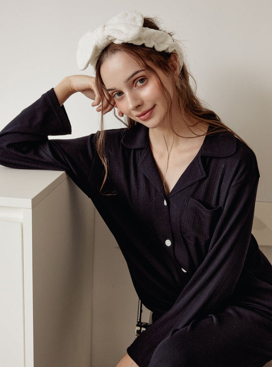 Amanda Span Long - Sleeve Notched Collar Pajama Set (2 Colors) - premium Korean sleepwear by LUNALUZ