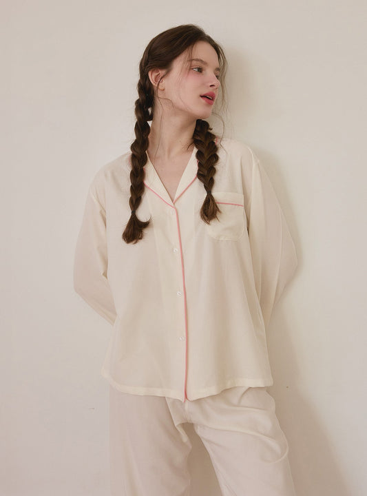 Creamy Satin Long - Sleeve Collar Pajama Set - premium Korean sleepwear by LUNALUZ