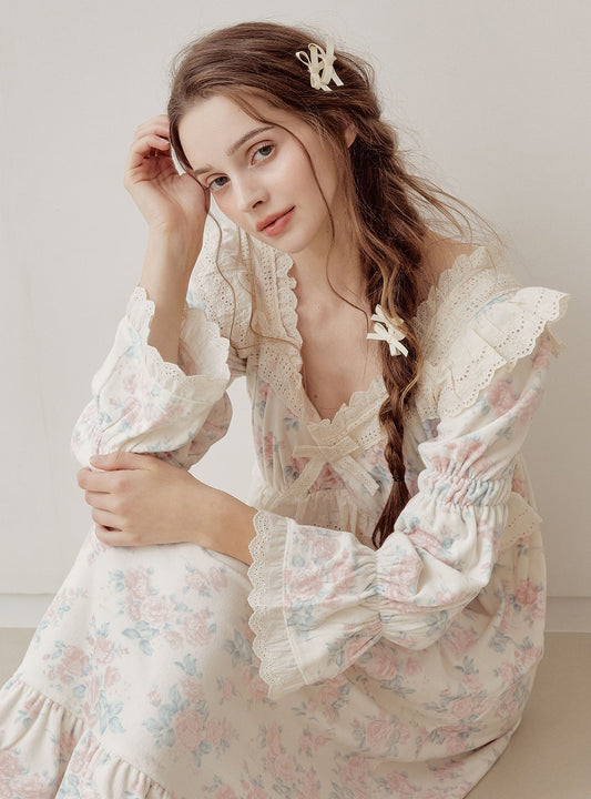 Eden Rose Minky Span Long - Sleeve Square - Neck Nightdress (2 Colors) - premium Korean sleepwear by LUNALUZ