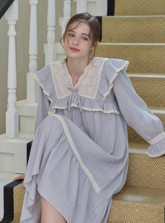 Grace Cotton V - Neck Long - Sleeve Nightdress - premium Korean sleepwear by LUNALUZ