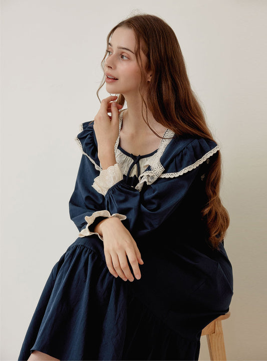 Helen Washed Cotton Square - Neck Nightdress - premium Korean sleepwear by LUNALUZ