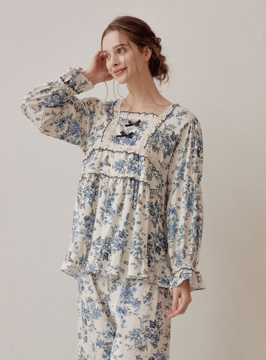 Jardin Modal Cotton Square - Neck Long - Sleeve Pajama Set - premium Korean sleepwear by LUNALUZ