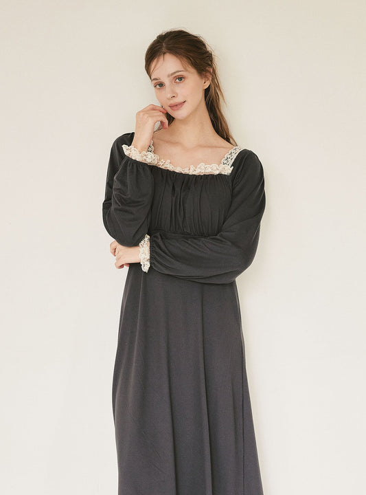 Maybe Span Square - Neck Bra - Cup Long - Sleeve Nightdress (2 Colors) - premium Korean sleepwear by LUNALUZ