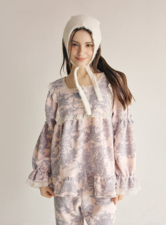 Villeroy Fleece Long - Sleeve Square - Neck Pajama Set - premium Korean sleepwear by LUNALUZ