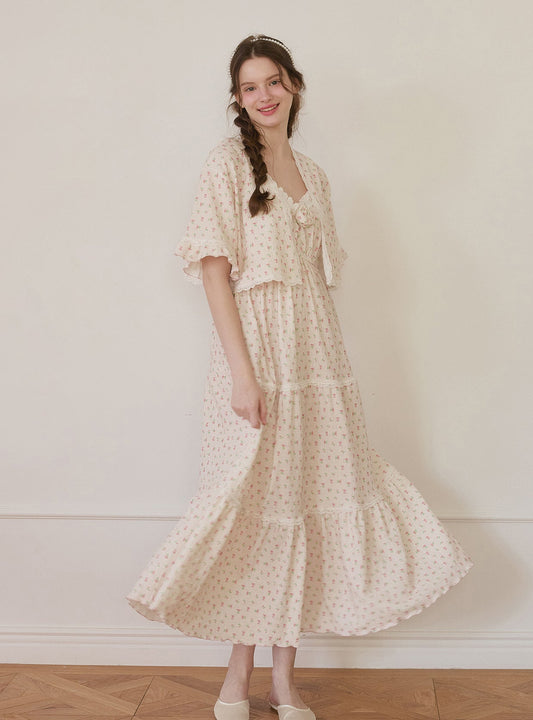 Violet Rose Nightdress & Cardigan Homewear Set - premium Korean sleepwear by LUNALUZ