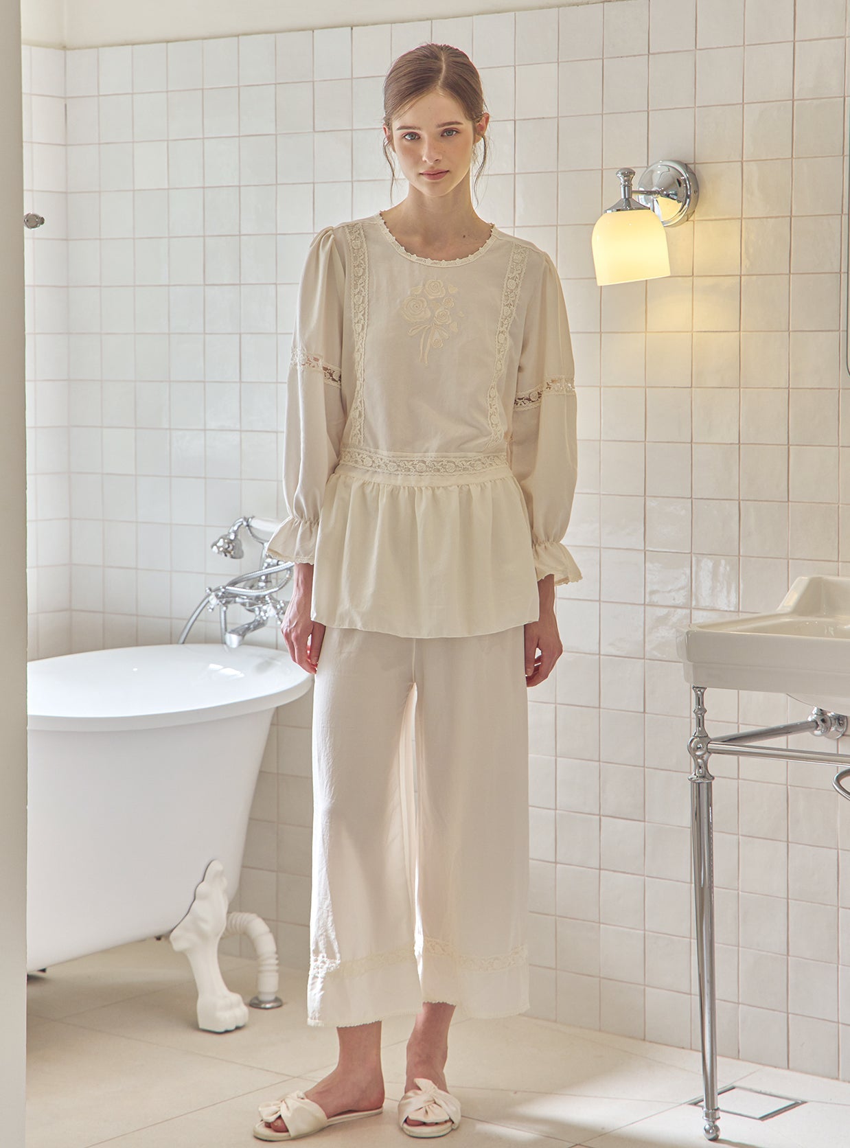 Aby Sand - Washed Round - Neck Pajama Set - premium Korean sleepwear by LUNALUZ