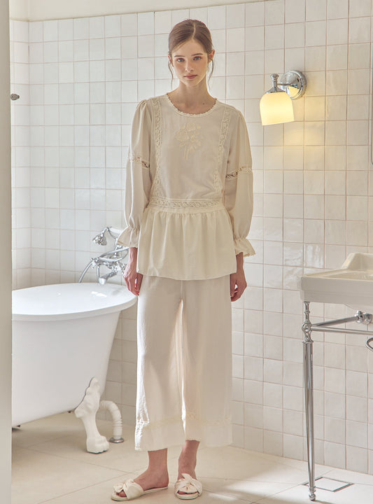 Aby Sand - Washed Round - Neck Pajama Set - premium Korean sleepwear by LUNALUZ