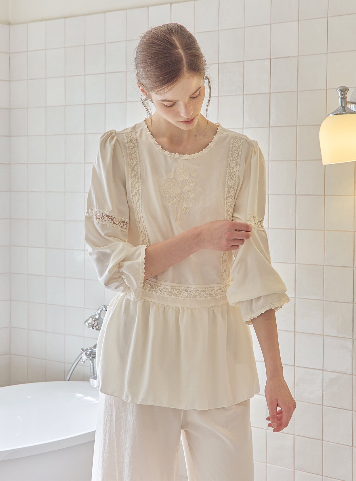 Aby Sand - Washed Round - Neck Pajama Set - premium Korean sleepwear by LUNALUZ