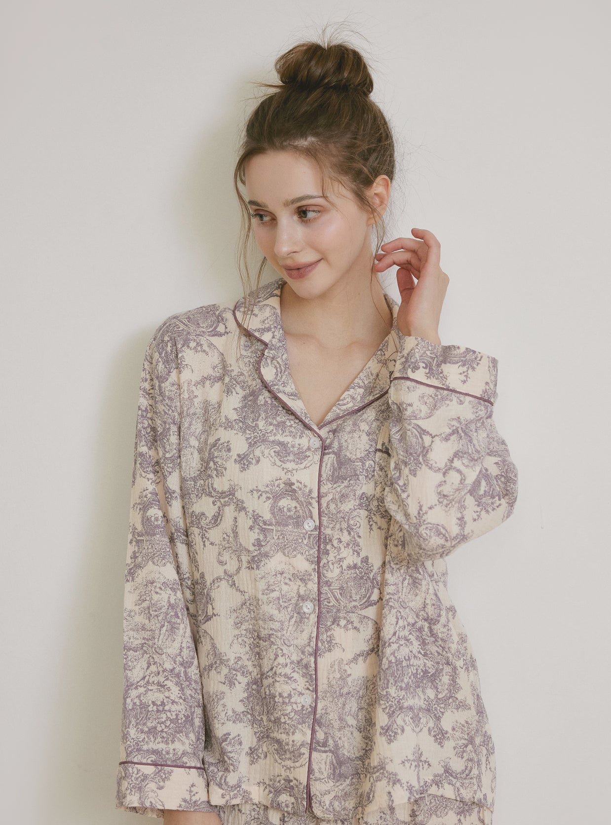 Amore Double Gauze Long - Sleeve Notched Collar Pajama Set - premium Korean sleepwear by LUNALUZ