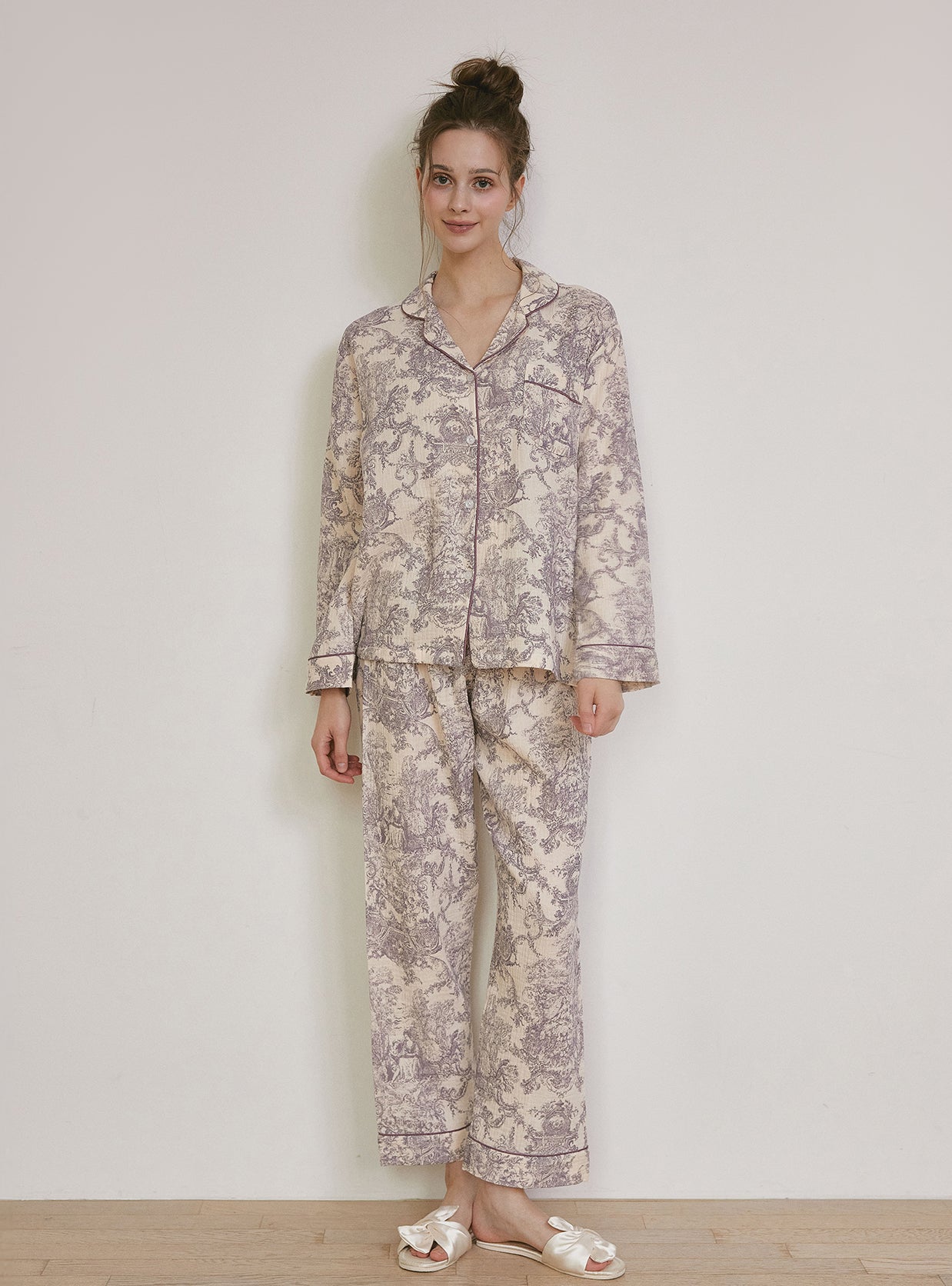 Amore Double Gauze Long - Sleeve Notched Collar Pajama Set - premium Korean sleepwear by LUNALUZ