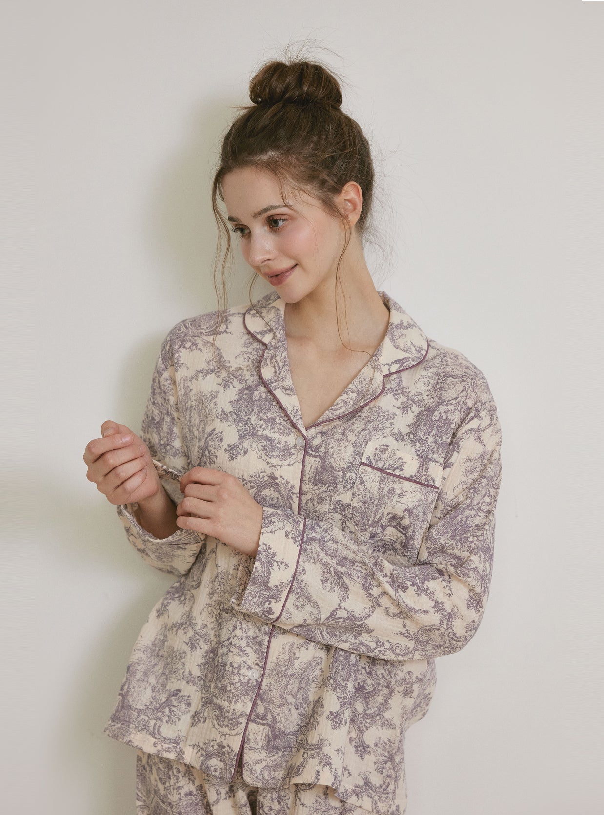 Amore Double Gauze Long - Sleeve Notched Collar Pajama Set - premium Korean sleepwear by LUNALUZ