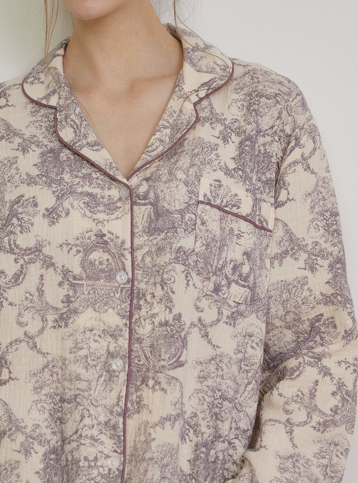 Amore Double Gauze Long - Sleeve Notched Collar Pajama Set - premium Korean sleepwear by LUNALUZ