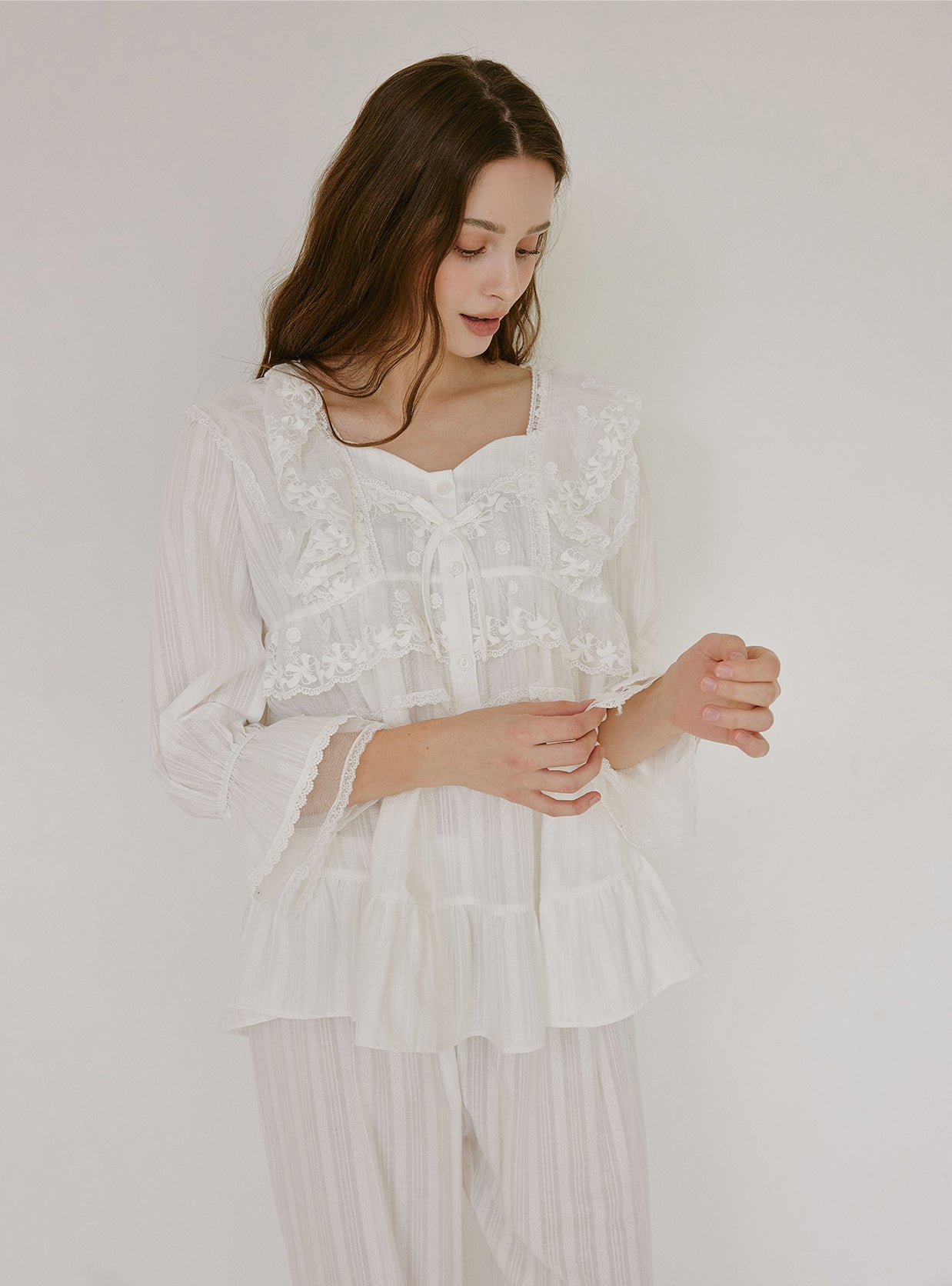 Angelring Cotton Embroidered Square - Neck Long - Sleeve Pajama Set - premium Korean sleepwear by LUNALUZ