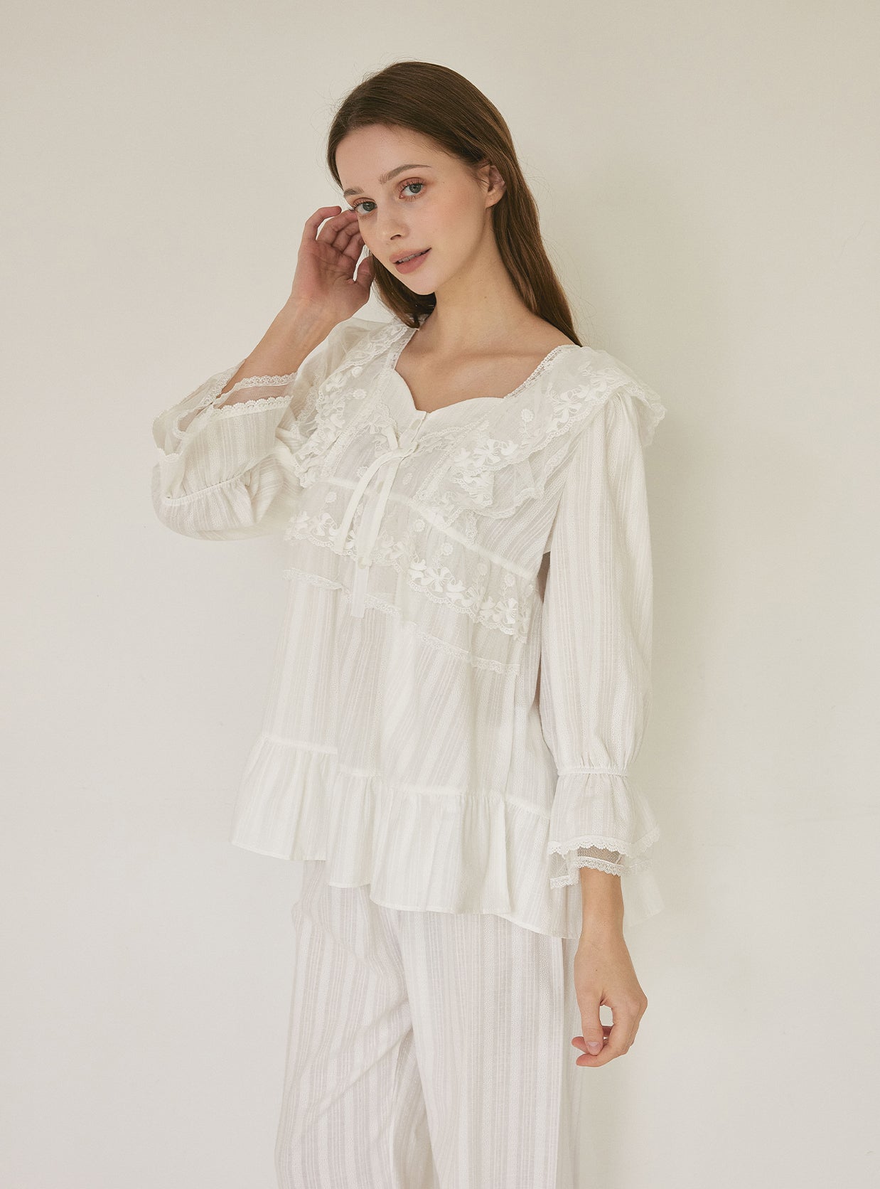 Angelring Cotton Embroidered Square - Neck Long - Sleeve Pajama Set - premium Korean sleepwear by LUNALUZ