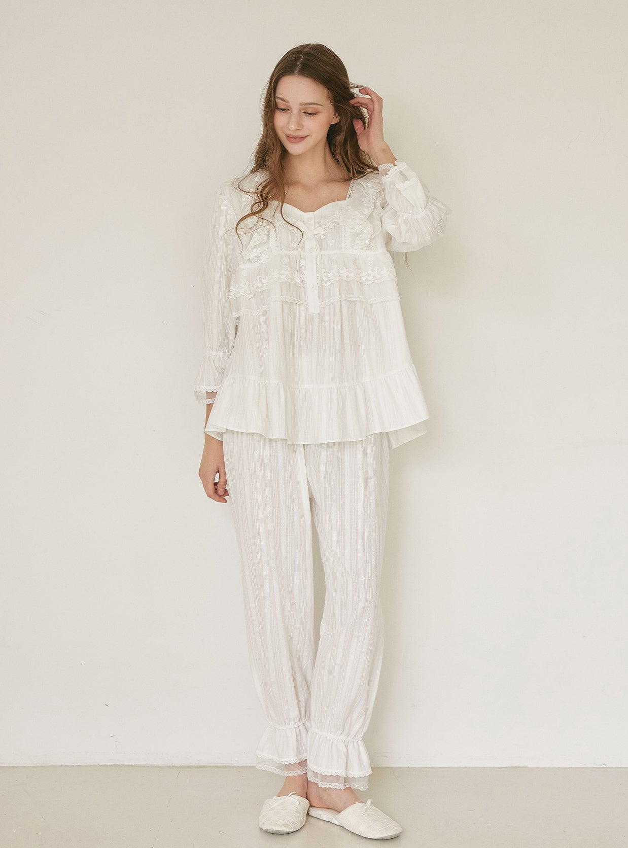 Angelring Cotton Embroidered Square - Neck Long - Sleeve Pajama Set - premium Korean sleepwear by LUNALUZ