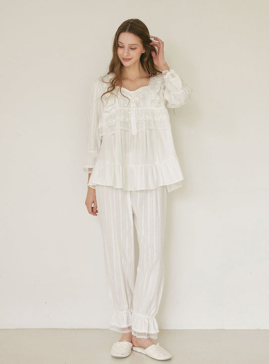 Angelring Cotton Embroidered Square - Neck Long - Sleeve Pajama Set - premium Korean sleepwear by LUNALUZ