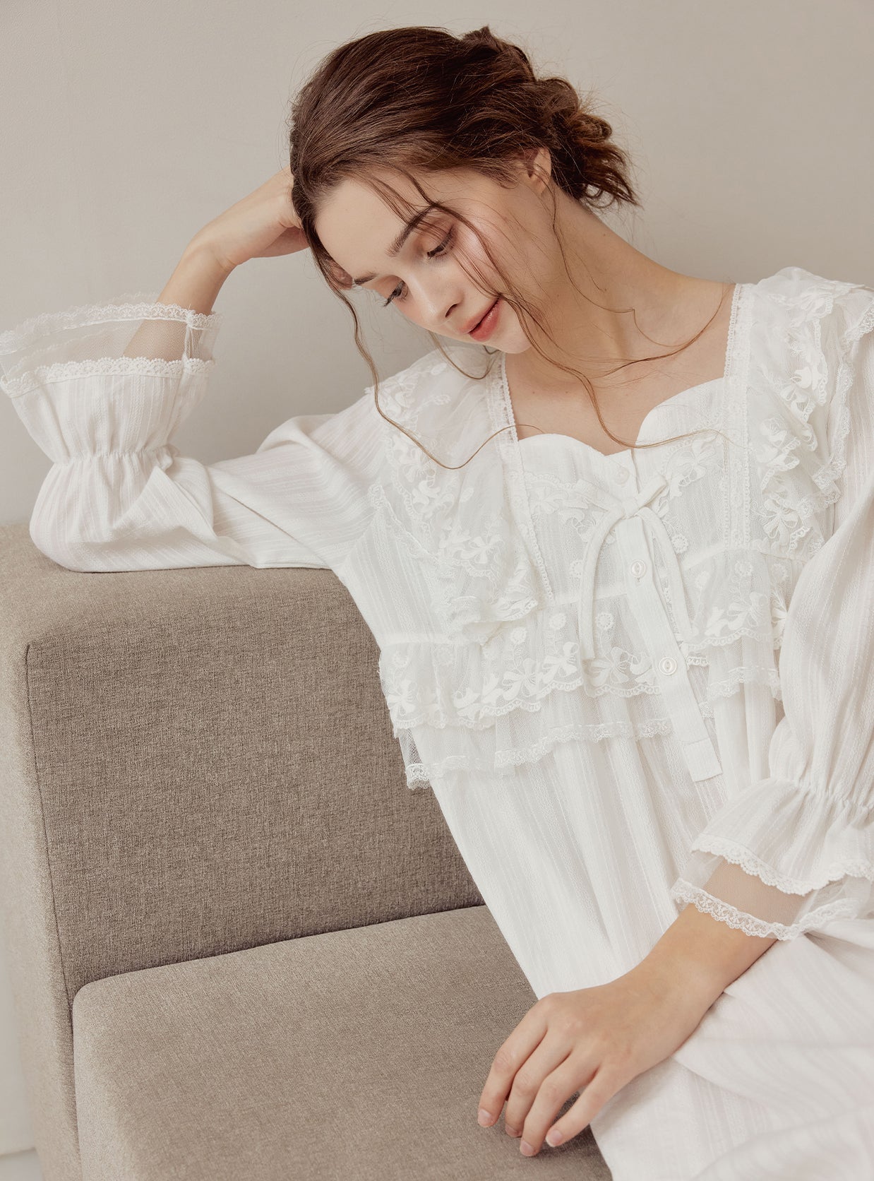 Angelring Cotton Embroidered Square - Neck Nightdress - premium Korean sleepwear by LUNALUZ