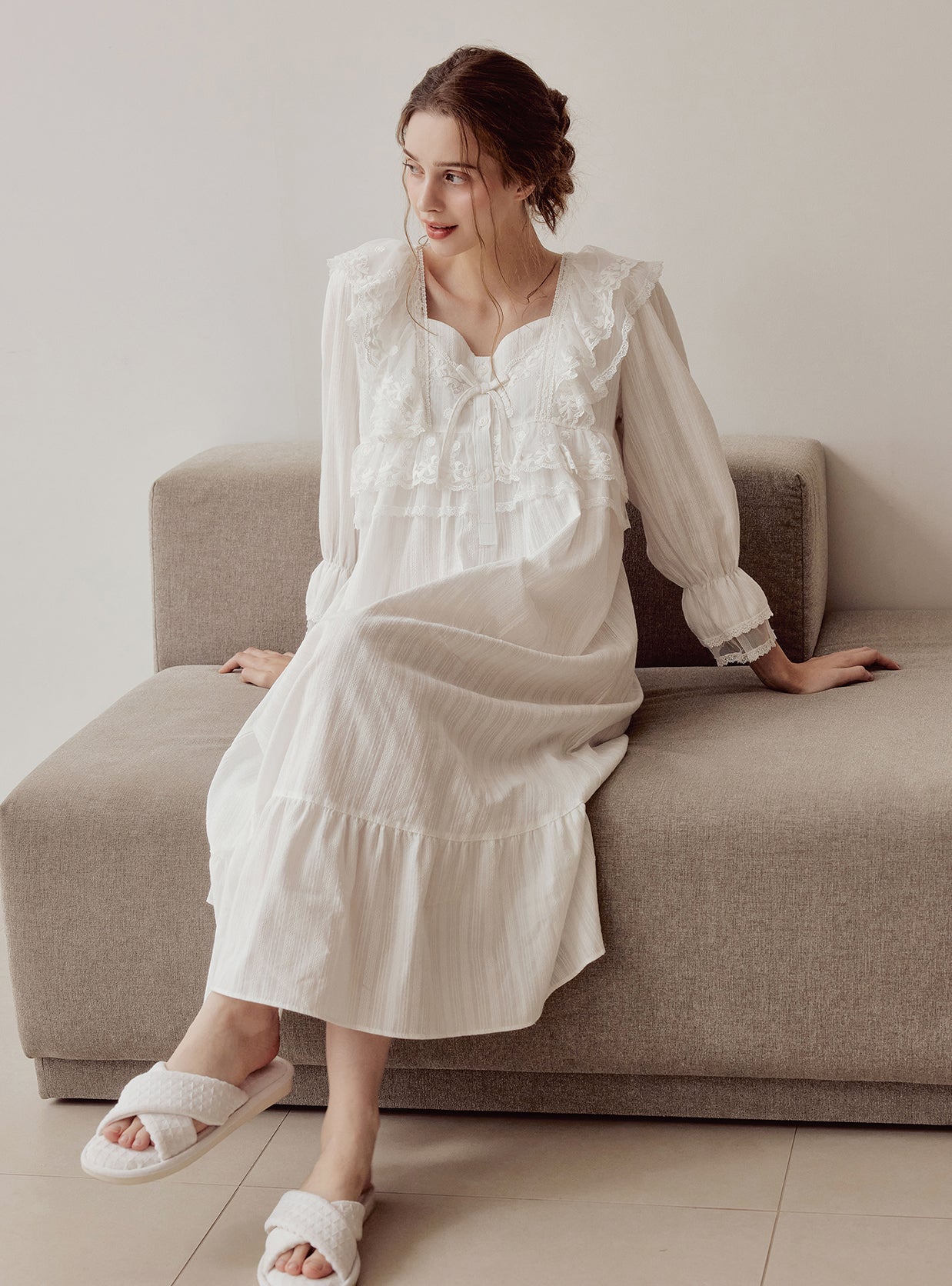 Angelring Cotton Embroidered Square - Neck Nightdress - premium Korean sleepwear by LUNALUZ