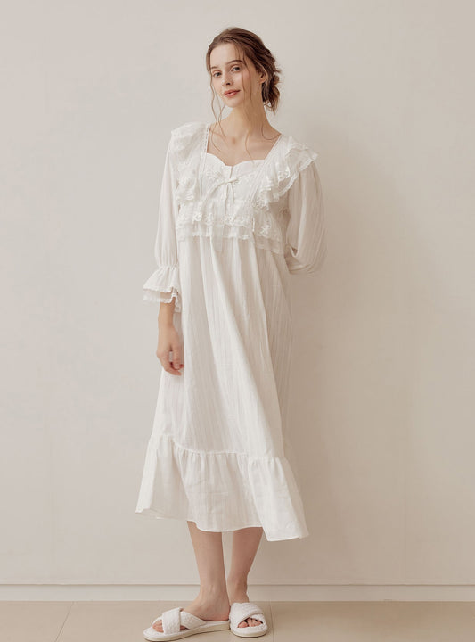 Angelring Cotton Embroidered Square - Neck Nightdress - premium Korean sleepwear by LUNALUZ