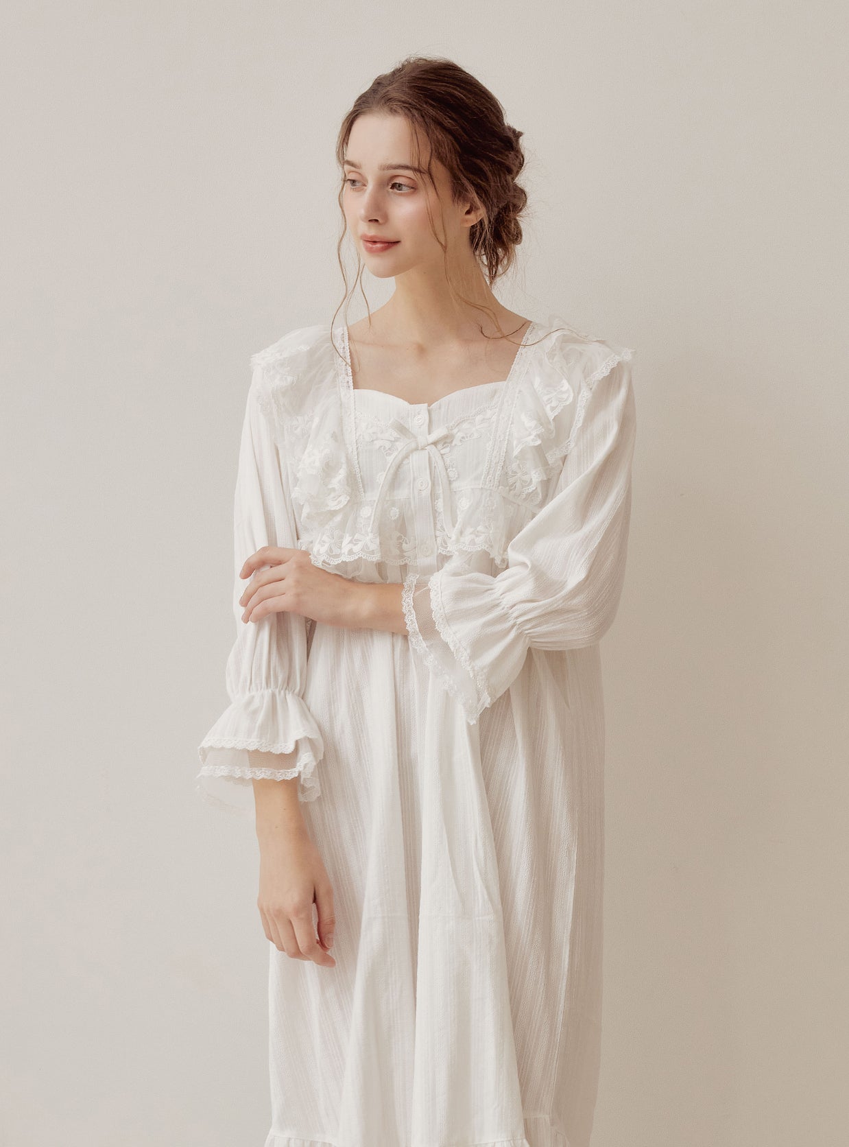 Angelring Cotton Embroidered Square - Neck Nightdress - premium Korean sleepwear by LUNALUZ