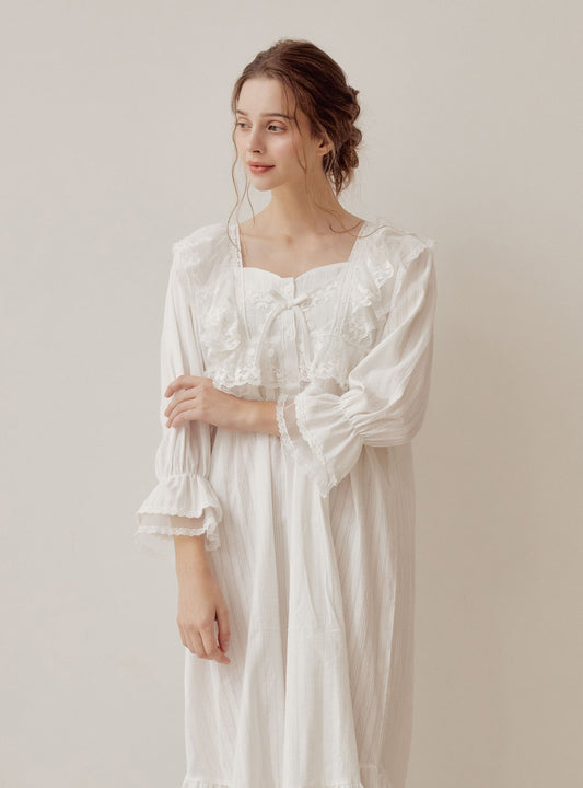 Angelring Cotton Embroidered Square - Neck Nightdress - premium Korean sleepwear by LUNALUZ