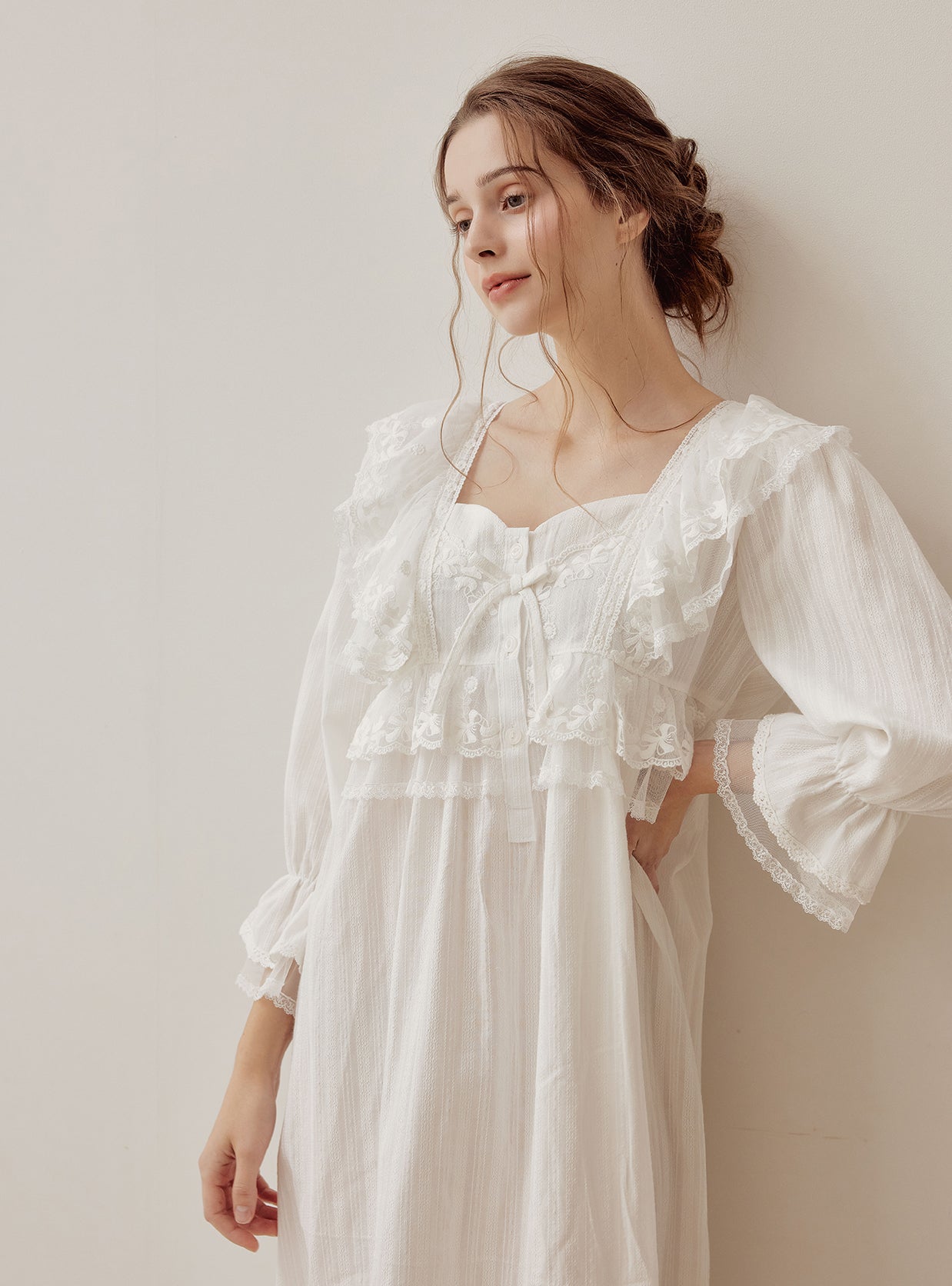 Angelring Cotton Embroidered Square - Neck Nightdress - premium Korean sleepwear by LUNALUZ