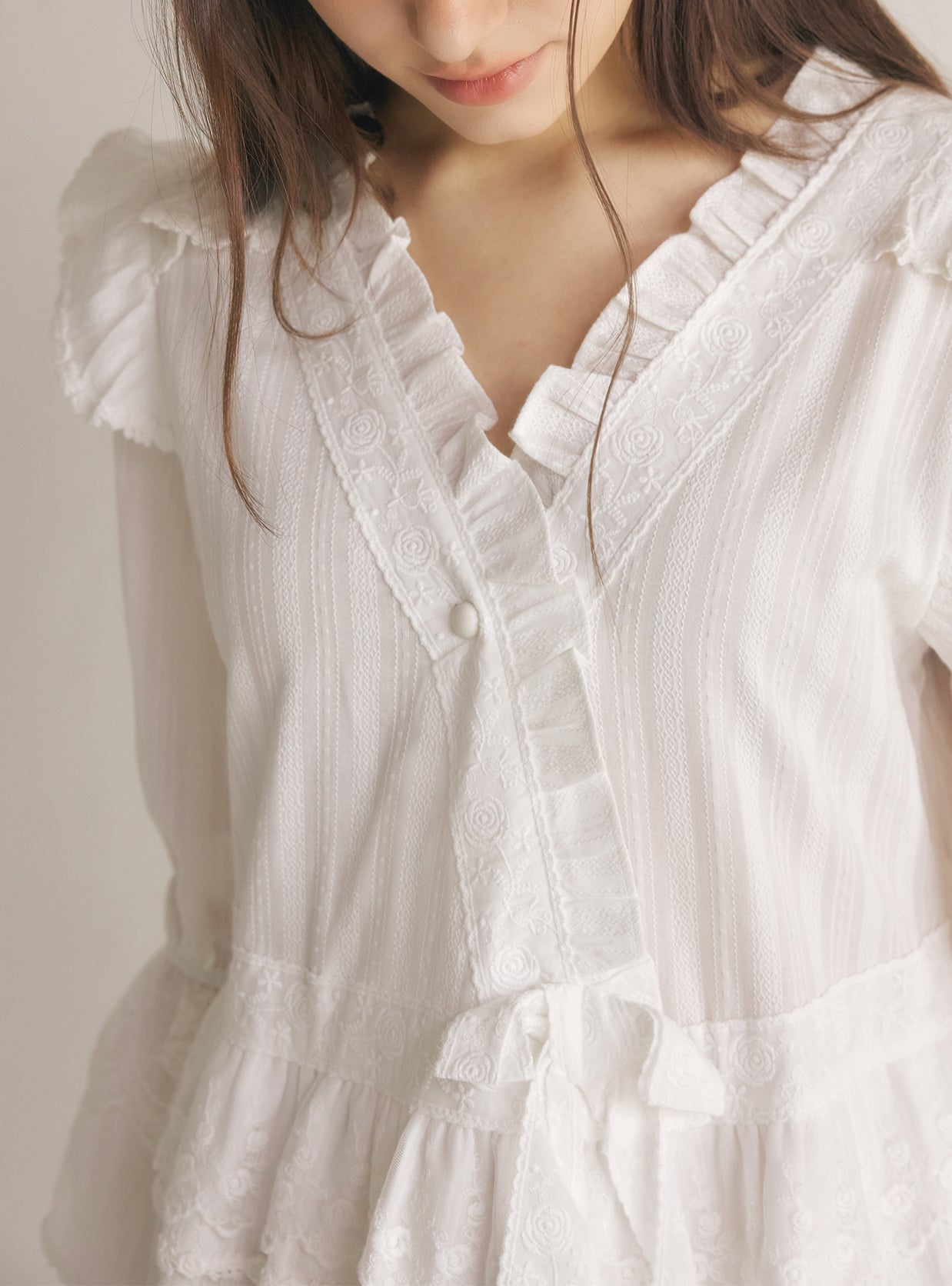 Aria Cotton V - Neck Long - Sleeve Nightdress - premium Korean sleepwear by LUNALUZ