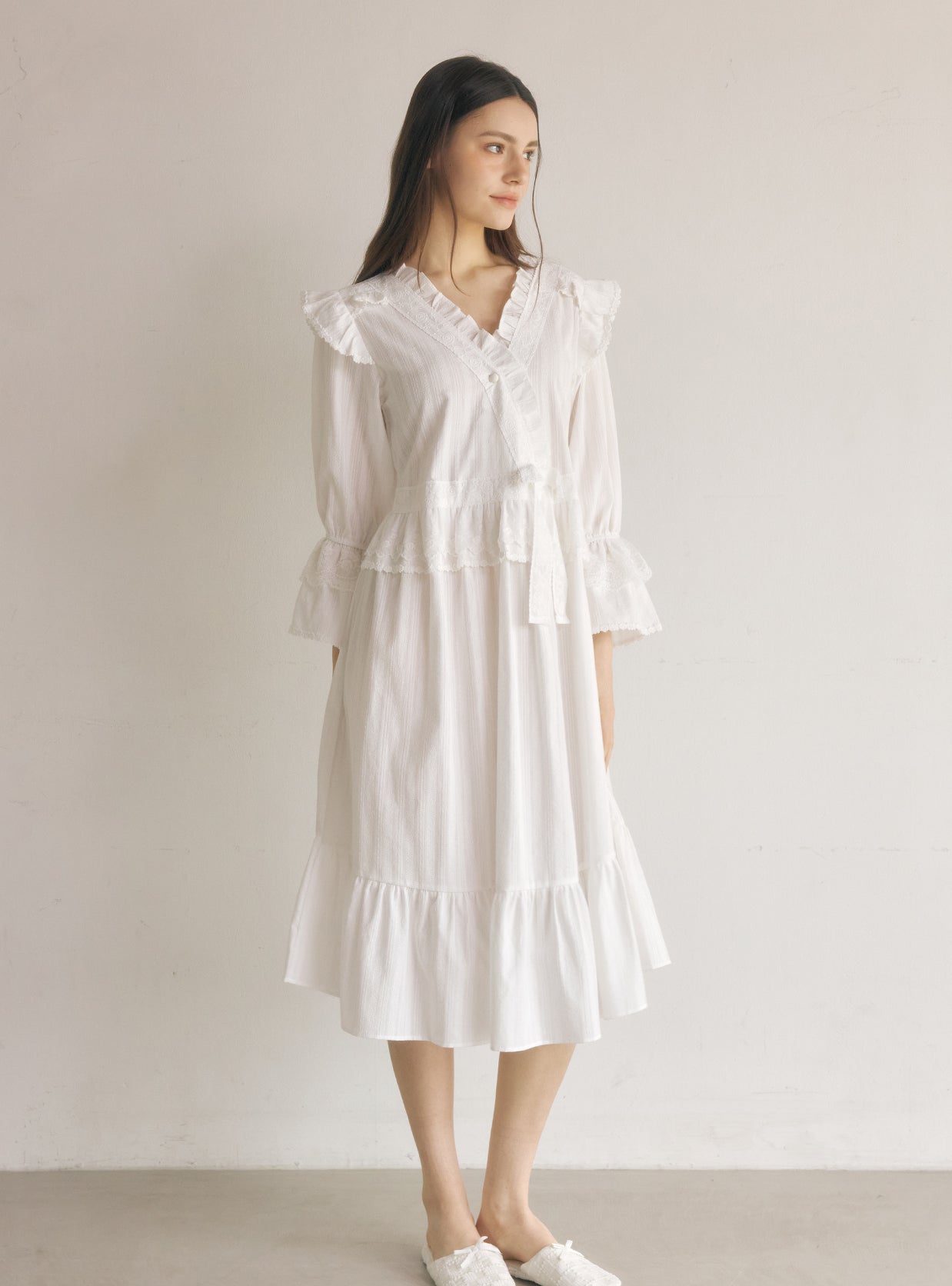 Aria Cotton V - Neck Long - Sleeve Nightdress - premium Korean sleepwear by LUNALUZ