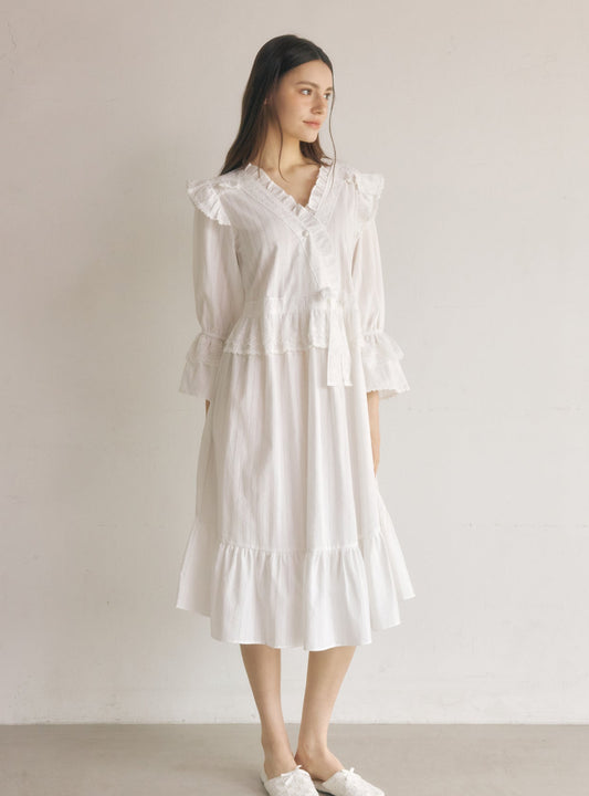 Aria Cotton V - Neck Long - Sleeve Nightdress - premium Korean sleepwear by LUNALUZ