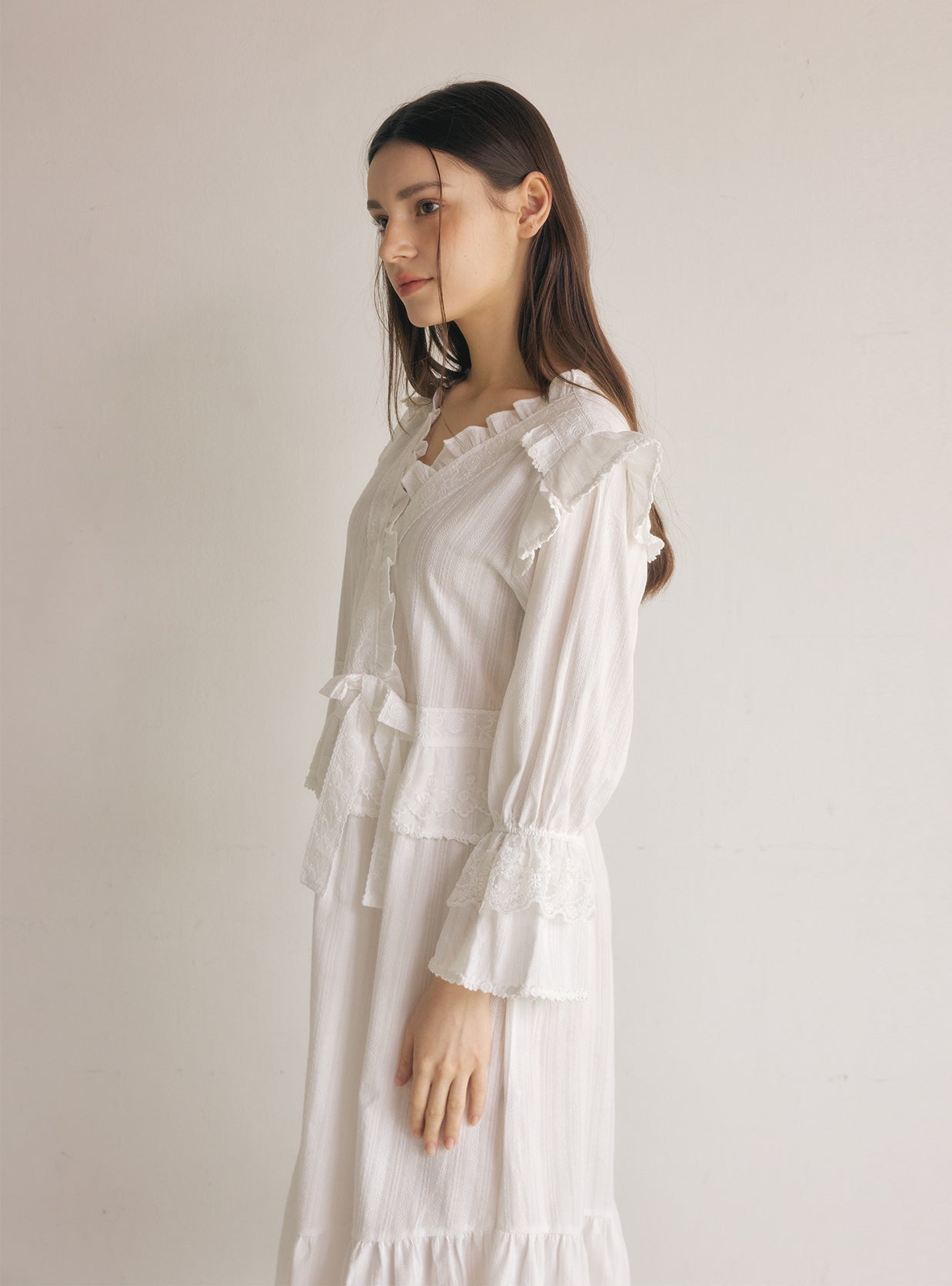 Aria Cotton V - Neck Long - Sleeve Nightdress - premium Korean sleepwear by LUNALUZ