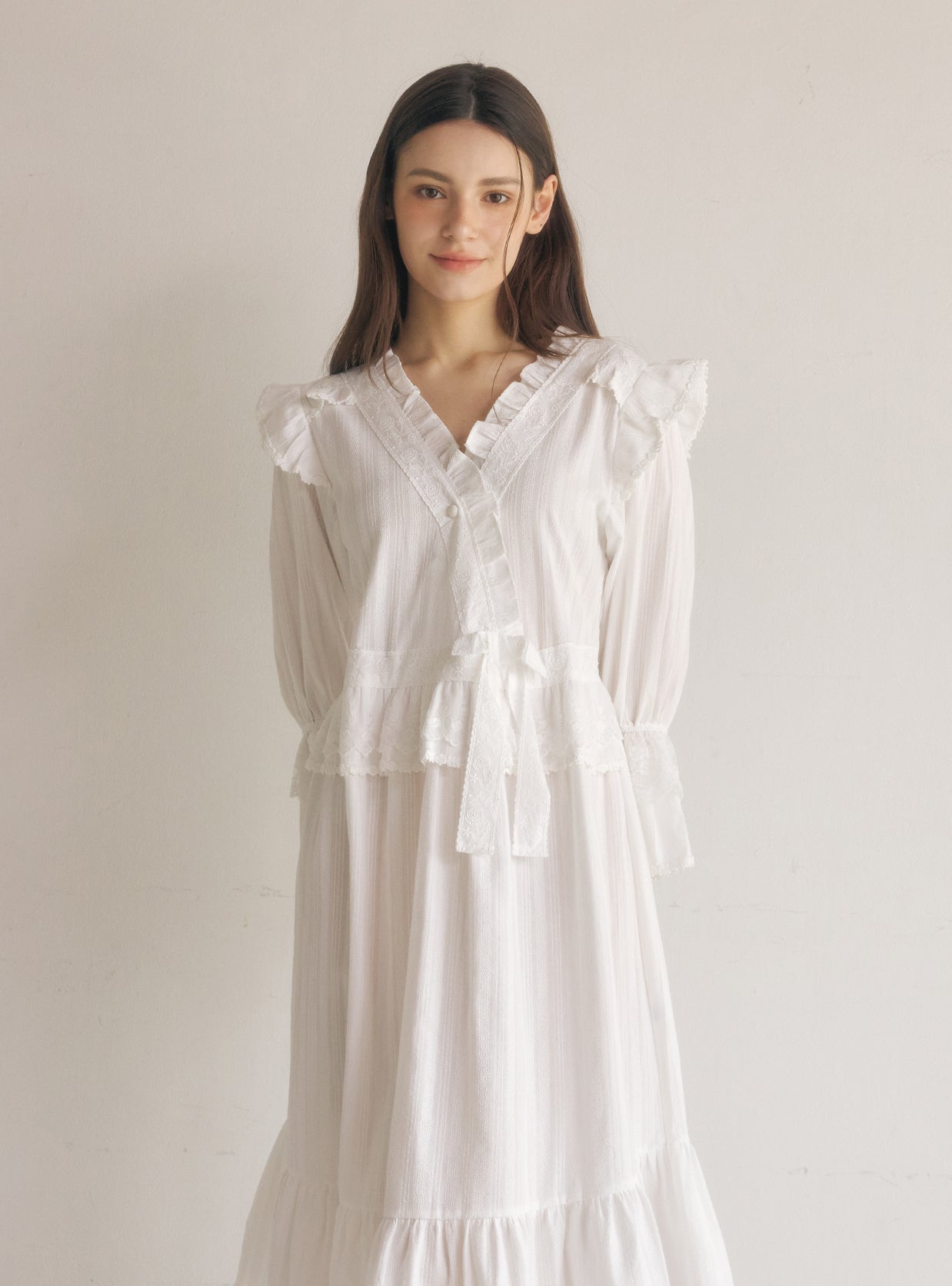 Aria Cotton V - Neck Long - Sleeve Nightdress - premium Korean sleepwear by LUNALUZ