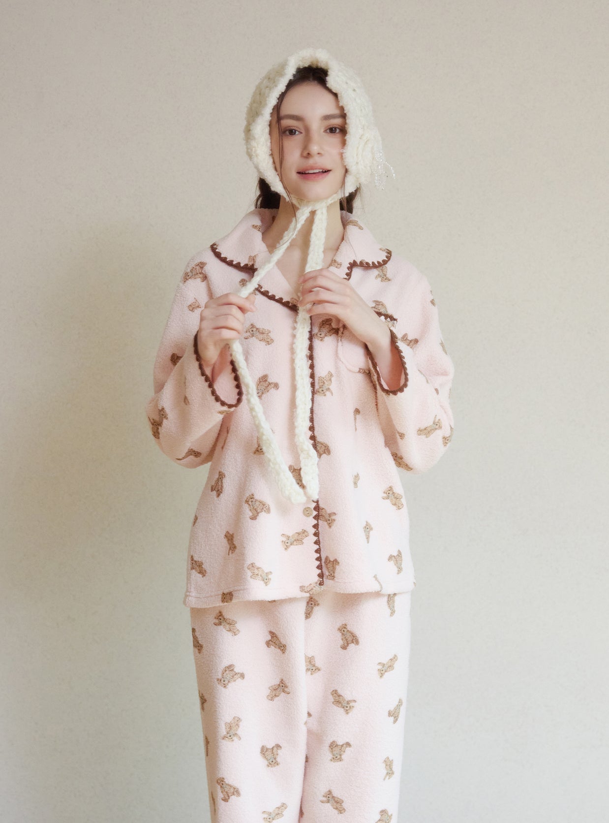 Bear Mellow Fleece Long - Sleeve Notched Collar Pajama - premium Korean sleepwear by LUNALUZ