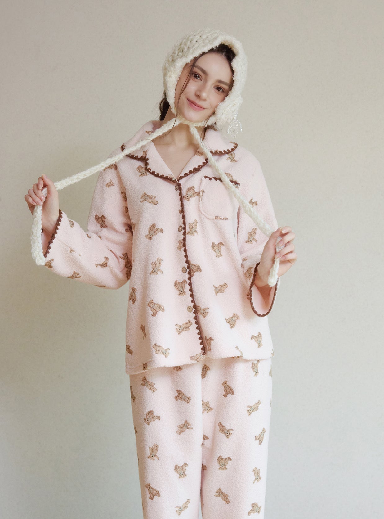 Bear Mellow Fleece Long - Sleeve Notched Collar Pajama - premium Korean sleepwear by LUNALUZ