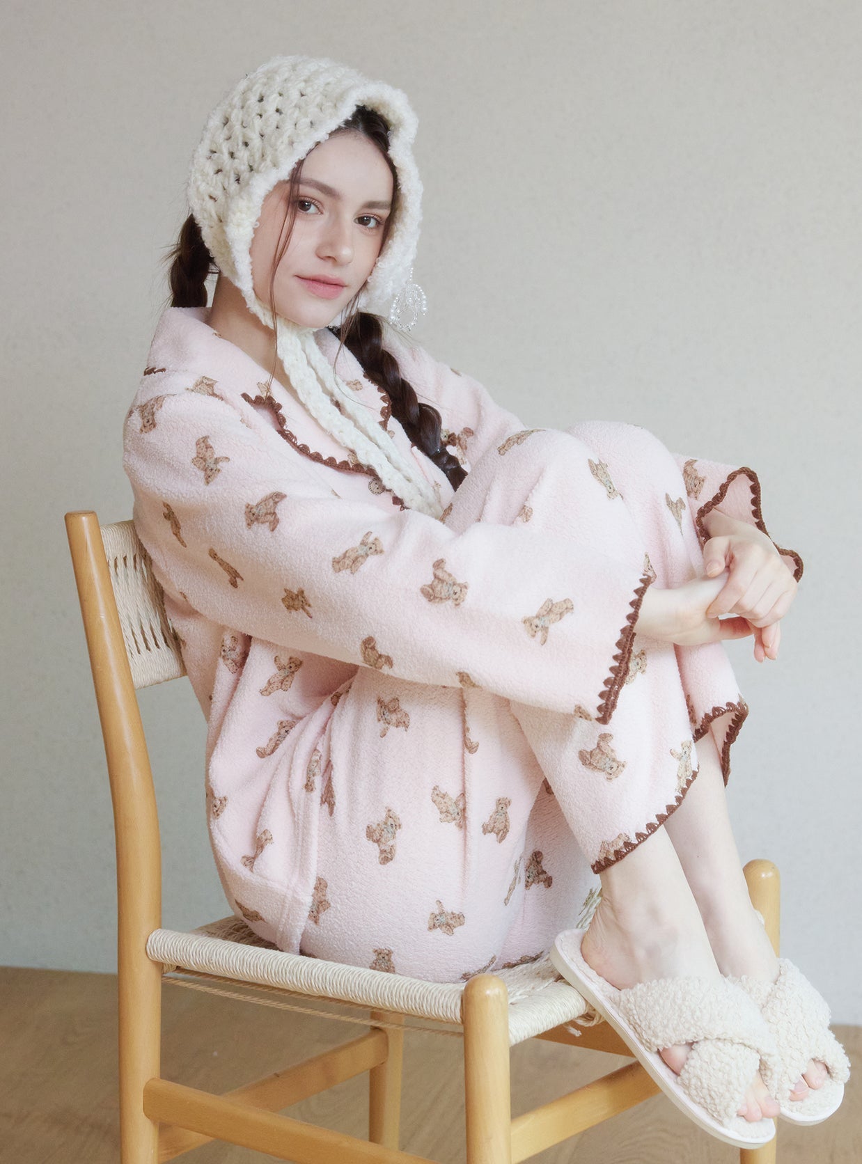 Bear Mellow Fleece Long - Sleeve Notched Collar Pajama - premium Korean sleepwear by LUNALUZ