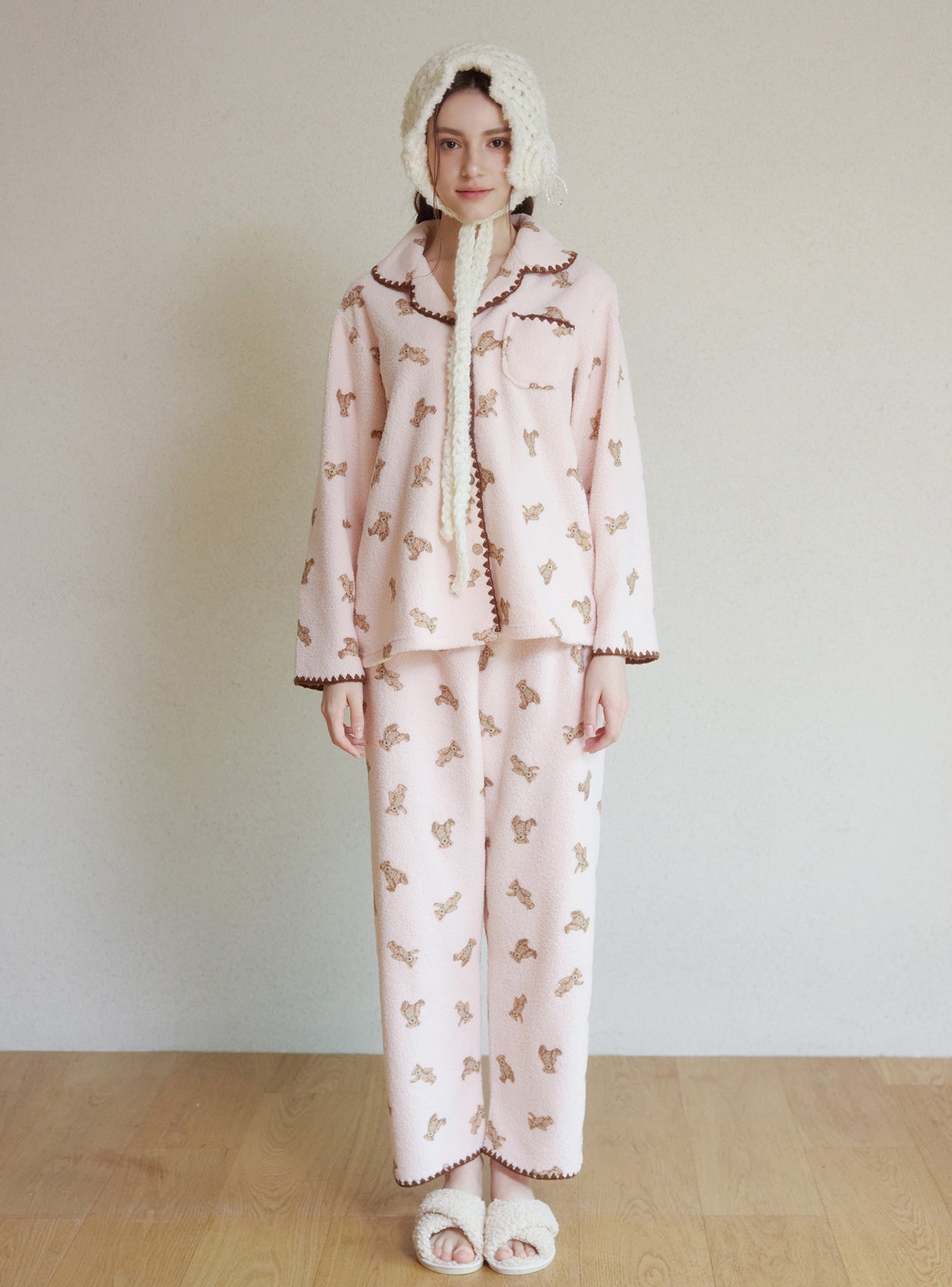Bear Mellow Fleece Long - Sleeve Notched Collar Pajama - premium Korean sleepwear by LUNALUZ