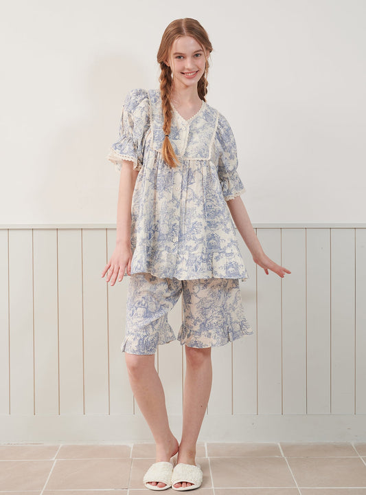 Bijou Cottage Cotton Short - Sleeve Pajama Set (2 Colors) - premium Korean sleepwear by LUNALUZ