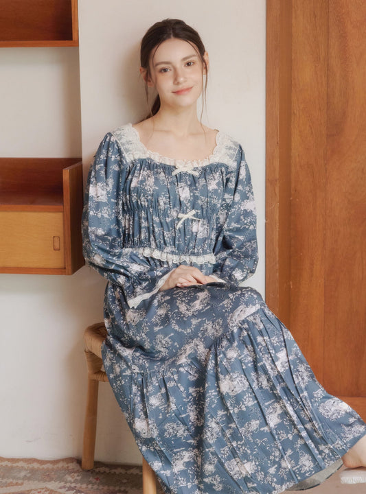 Charlotte Modal Cotton Long - Sleeve Square - Neck Nightdress - premium Korean sleepwear by LUNALUZ