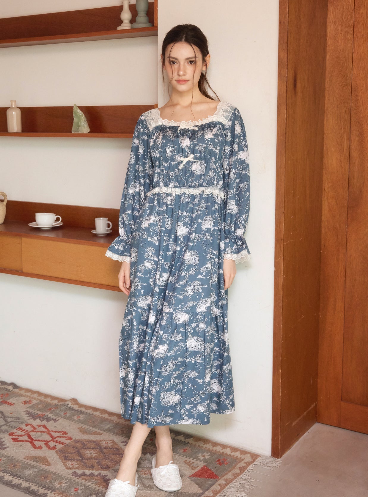 Charlotte Modal Cotton Long - Sleeve Square - Neck Nightdress - premium Korean sleepwear by LUNALUZ