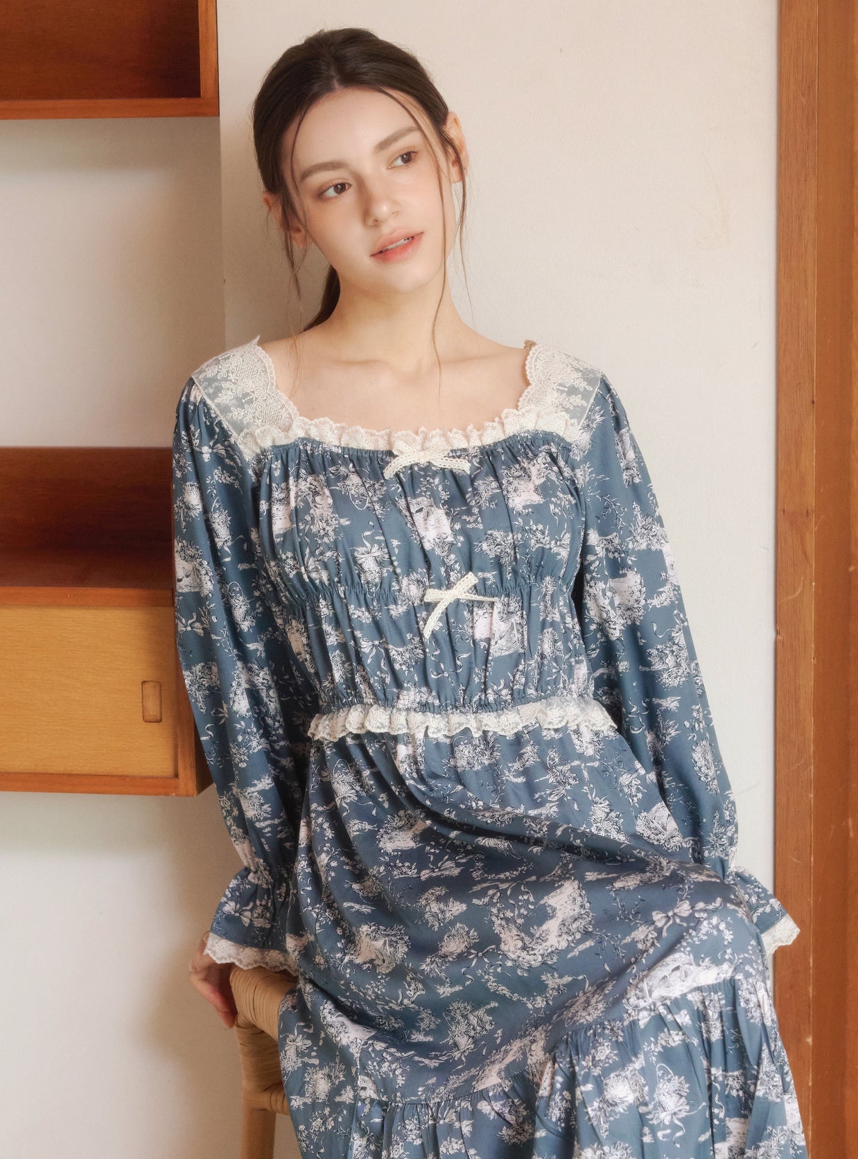 Charlotte Modal Cotton Long - Sleeve Square - Neck Nightdress - premium Korean sleepwear by LUNALUZ