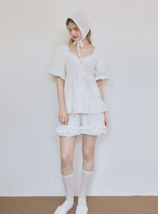 Cozet Cotton Square - Neck Short - Sleeve Pajama Set - premium Korean sleepwear by LUNALUZ