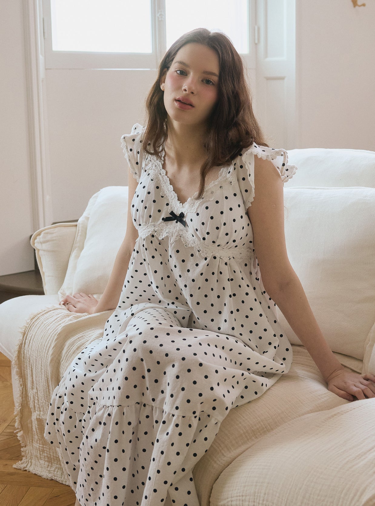 Cozy Dot Sleeveless Bra - Cup Nightdress - premium Korean sleepwear by LUNALUZ