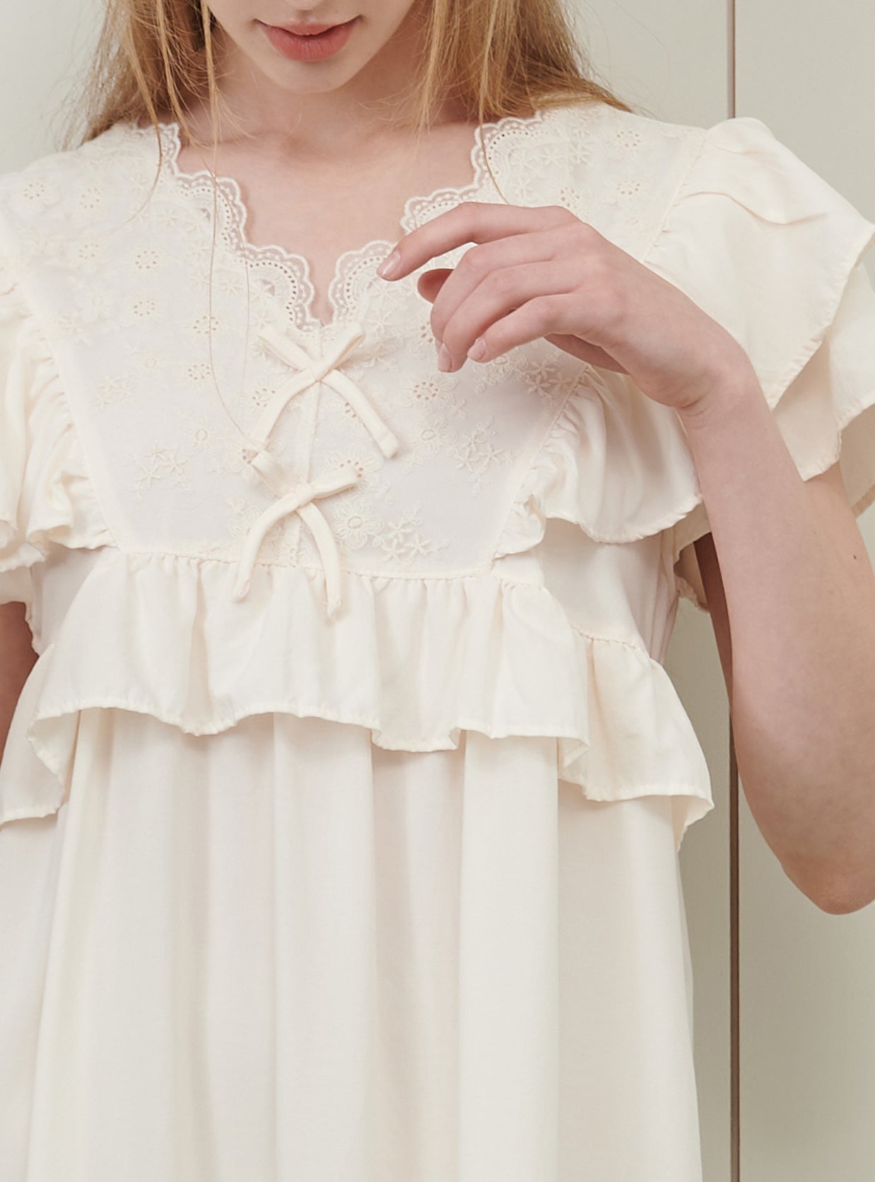 Creamy Sand - Washing V - Neck Short - Sleeve Nightdress - premium Korean sleepwear by LUNALUZ