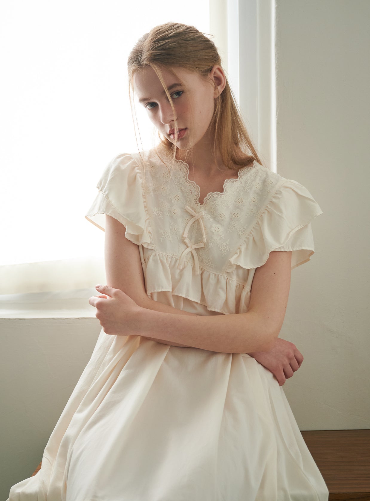 Creamy Sand - Washing V - Neck Short - Sleeve Nightdress - premium Korean sleepwear by LUNALUZ