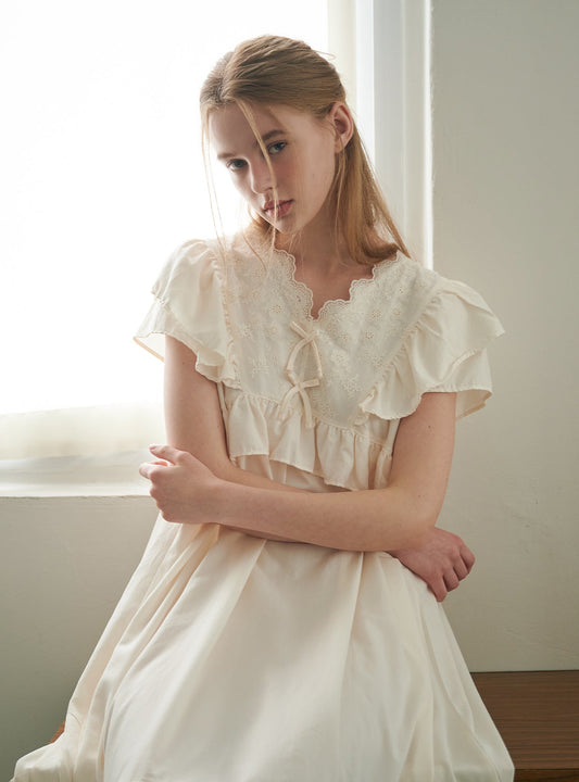 Creamy Sand - Washing V - Neck Short - Sleeve Nightdress - premium Korean sleepwear by LUNALUZ