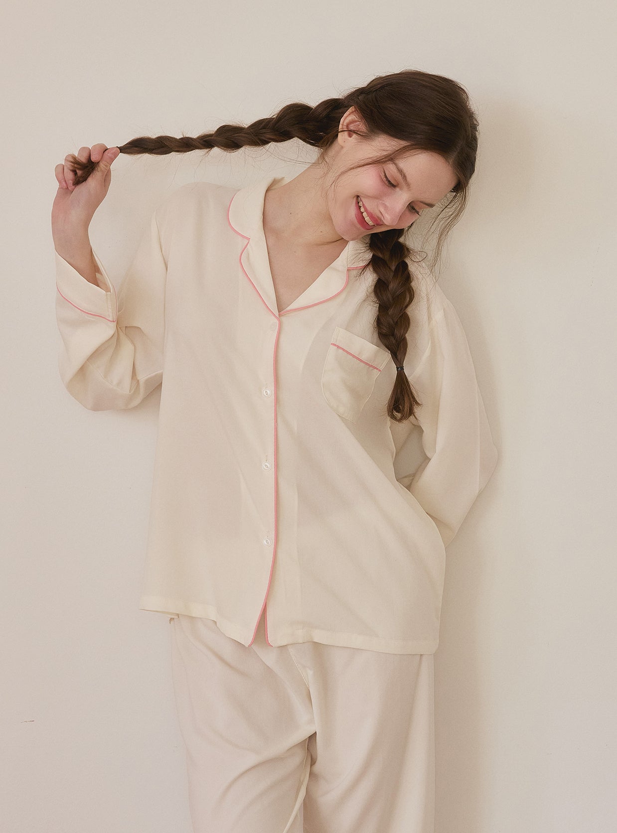 Creamy Satin Long - Sleeve Collar Pajama Set - premium Korean sleepwear by LUNALUZ