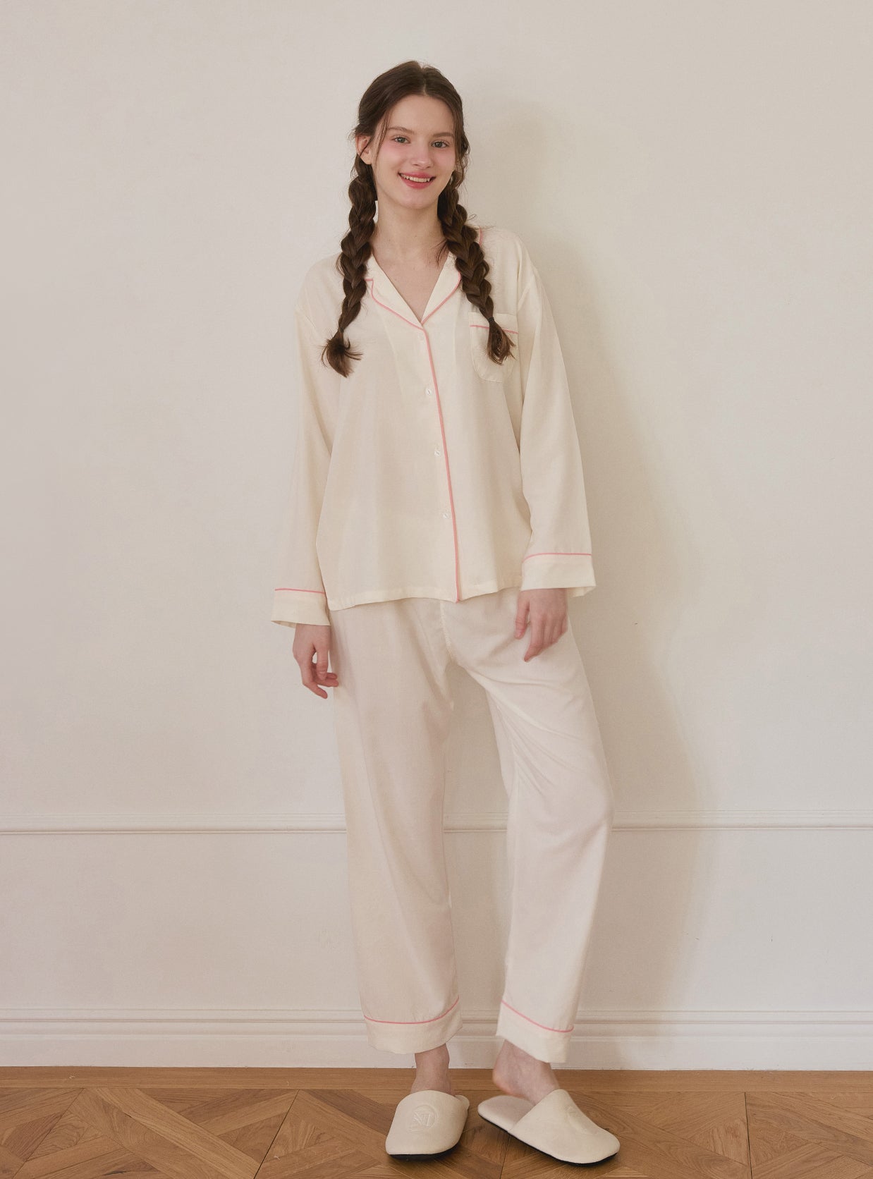 Creamy Satin Long - Sleeve Collar Pajama Set - premium Korean sleepwear by LUNALUZ