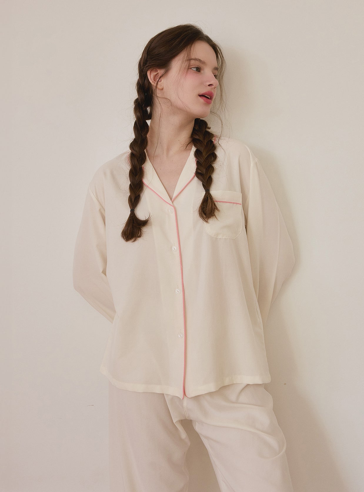 Creamy Satin Long - Sleeve Collar Pajama Set - premium Korean sleepwear by LUNALUZ