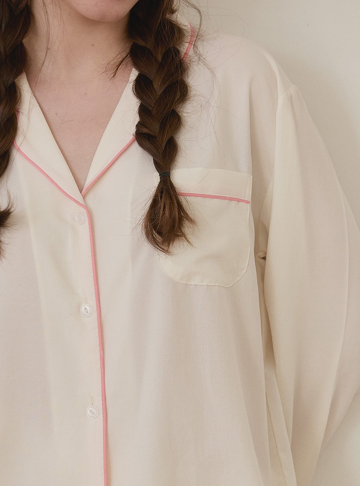 Creamy Satin Long - Sleeve Collar Pajama Set - premium Korean sleepwear by LUNALUZ