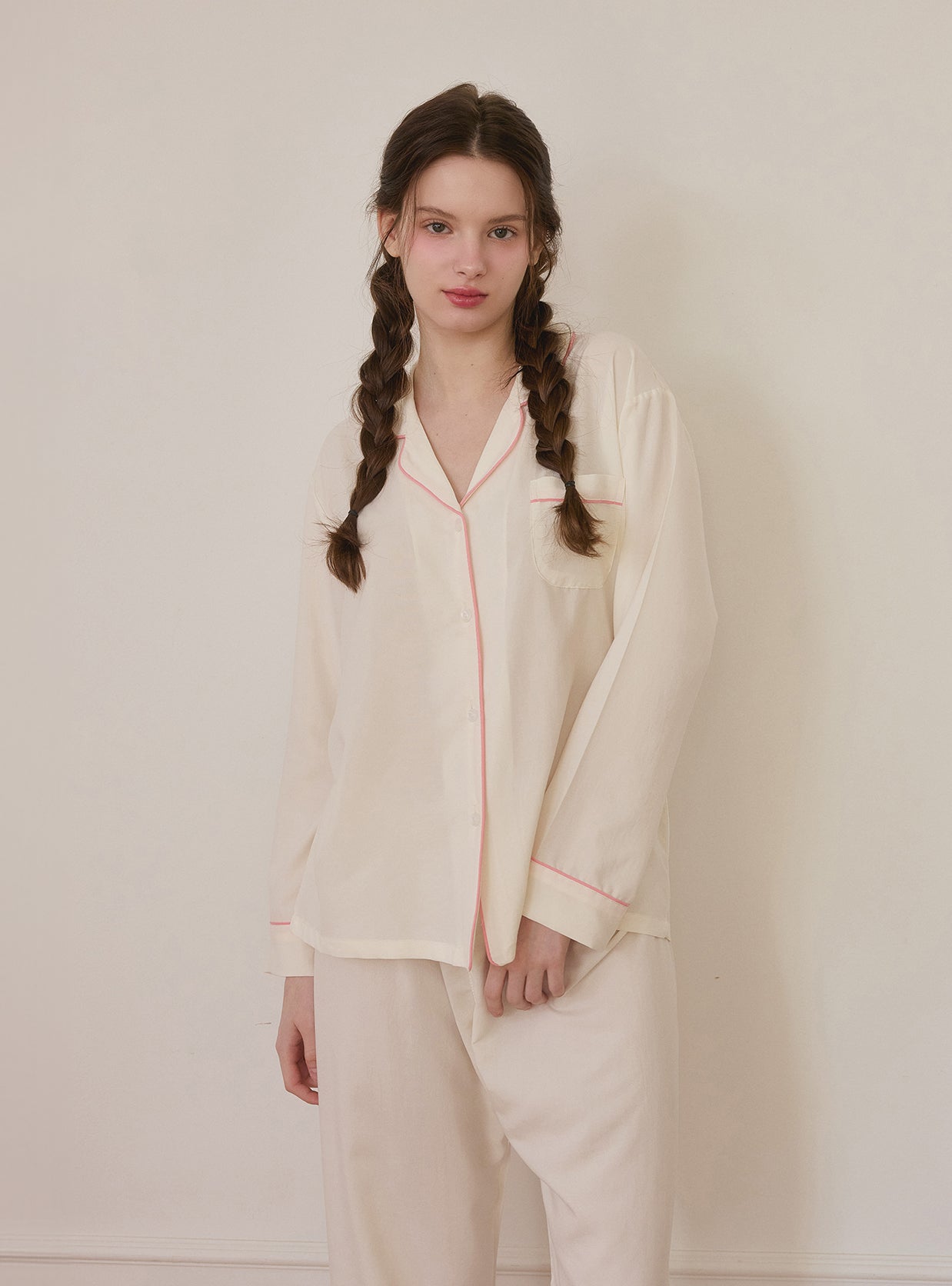 Creamy Satin Long - Sleeve Collar Pajama Set - premium Korean sleepwear by LUNALUZ