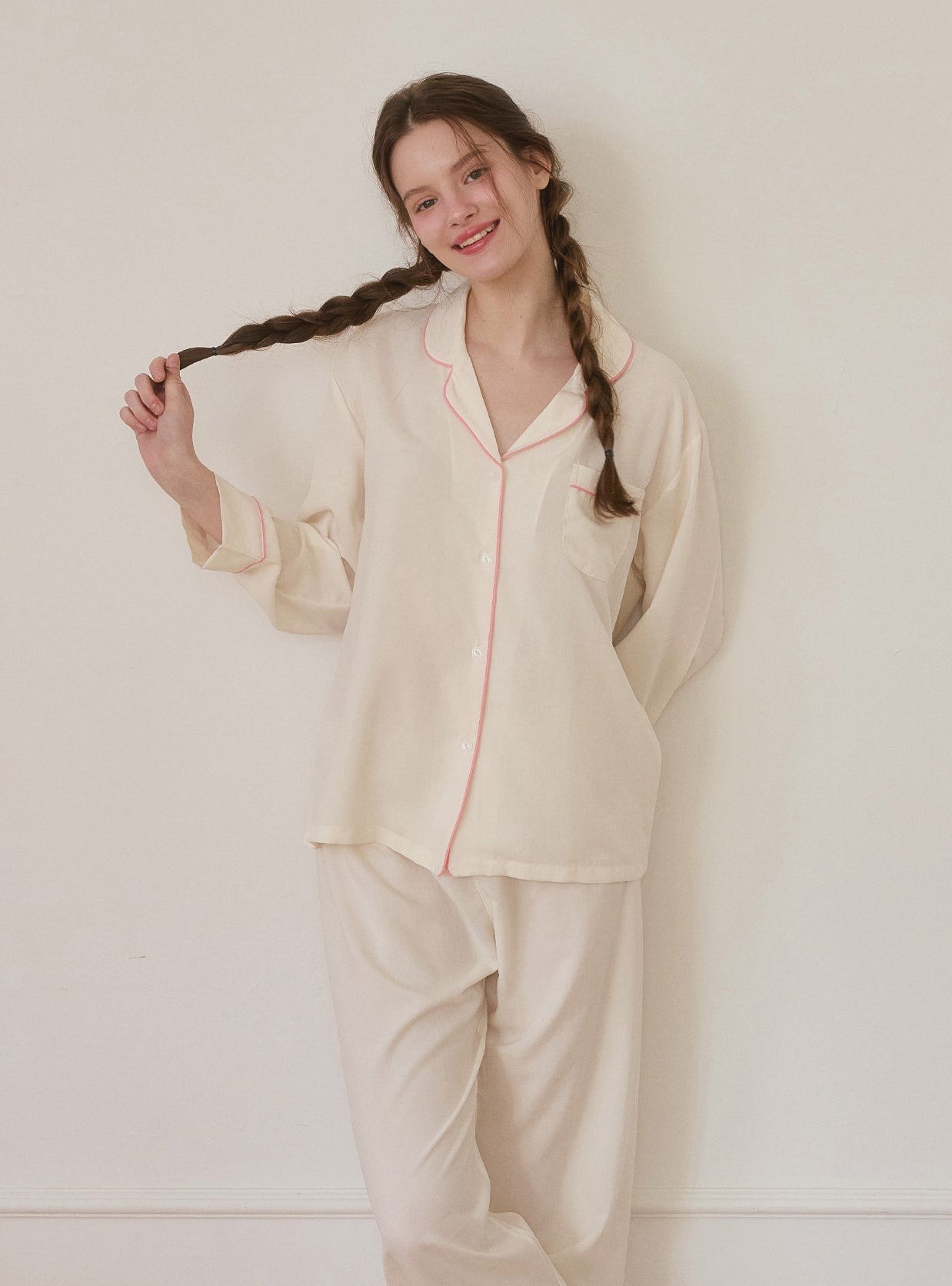 Creamy Satin Long - Sleeve Collar Pajama Set - premium Korean sleepwear by LUNALUZ